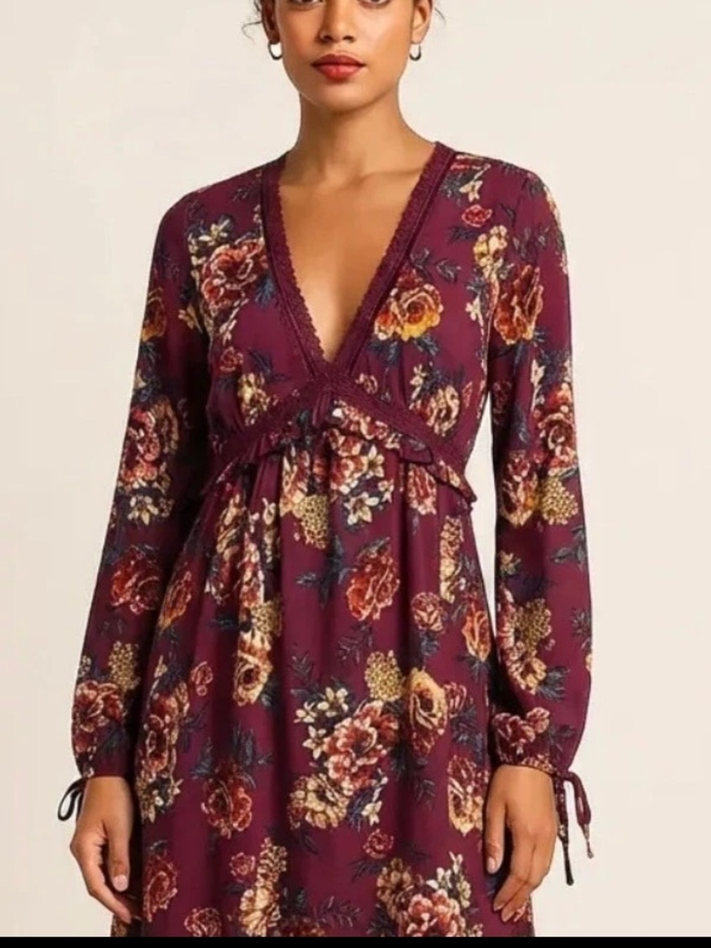 NWOT Xhilaration boho deep V neck burgundy floral dress. Size Medium